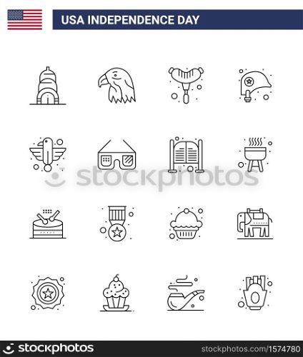 Group of 16 Lines Set for Independence day of United States of America such as eagle; animal; frankfurter; american; protection Editable USA Day Vector Design Elements