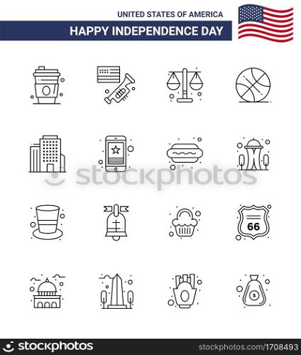 Group of 16 Lines Set for Independence day of United States of America such as office  usa  court  sports  backetball Editable USA Day Vector Design Elements