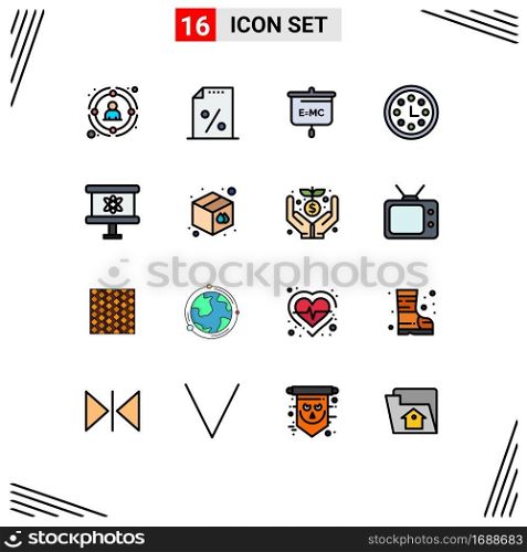 Group of 16 Modern Flat Color Filled Lines Set for atom, time, tax, award, school Editable Creative Vector Design Elements
