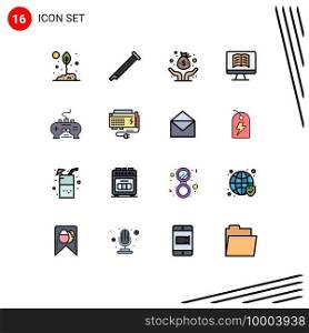 Group of 16 Modern Flat Color Filled Lines Set for game, book, music, computer, investor Editable Creative Vector Design Elements