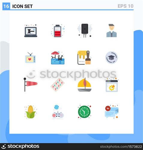 Group of 16 Modern Flat Colors Set for television, man, record, job, business Editable Pack of Creative Vector Design Elements