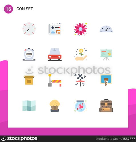 Group of 16 Modern Flat Colors Set for vehicles, watch, flower, stopwatch, performance Editable Pack of Creative Vector Design Elements