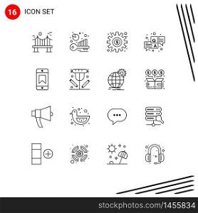 Group of 16 Modern Outlines Set for achievements, question, keyword analysis, qa, setting Editable Vector Design Elements