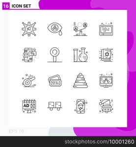 Group of 16 Modern Outlines Set for chat, social, balance, play, audio Editable Vector Design Elements