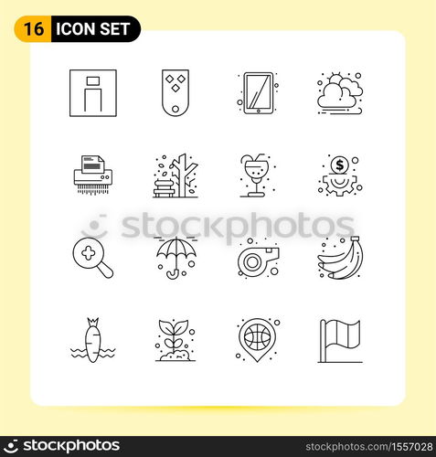 Group of 16 Modern Outlines Set for confidential, sun, rank, cloud, touchscreen Editable Vector Design Elements