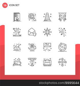 Group of 16 Modern Outlines Set for holiday, therapy, science, nature, ear buds Editable Vector Design Elements