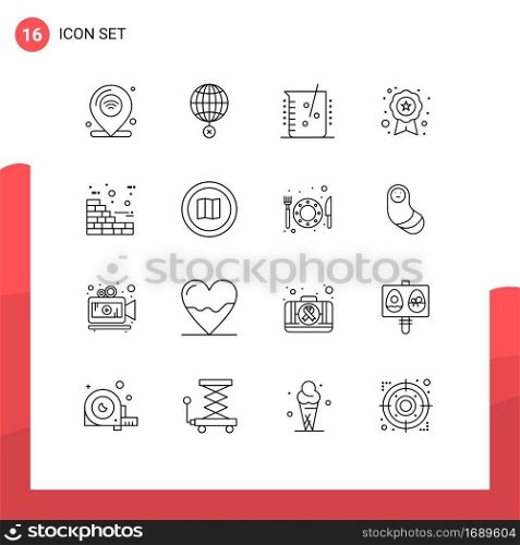 Group of 16 Modern Outlines Set for recognition, award, internet, laboratory, chemical industry Editable Vector Design Elements