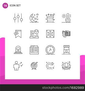 Group of 16 Modern Outlines Set for sign, mark, magic hat, temperature, climate Editable Vector Design Elements