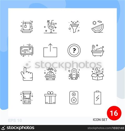 Group of 16 Modern Outlines Set for strategy, vacation, filter, summer, food Editable Vector Design Elements