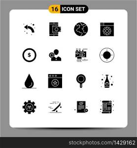 Group of 16 Modern Solid Glyphs Set for coin, setting, shopping, design, world Editable Vector Design Elements
