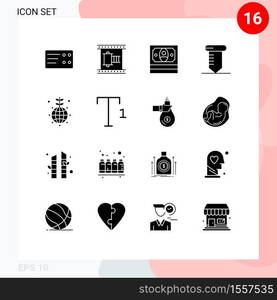 Group of 16 Modern Solid Glyphs Set for font, world, finance, globe, tools Editable Vector Design Elements