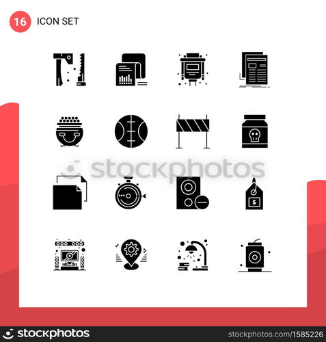 Group of 16 Modern Solid Glyphs Set for fortune, newsletter, questionnaire, news, gazette Editable Vector Design Elements