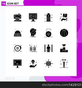 Group of 16 Modern Solid Glyphs Set for hand, box, planning, protection, low Editable Vector Design Elements