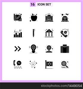 Group of 16 Modern Solid Glyphs Set for shopping, chart, laptop, analytics, chair Editable Vector Design Elements