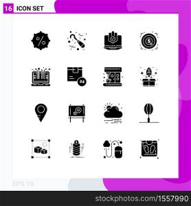 Group of 16 Modern Solid Glyphs Set for target, achievement, computer, marketing, protection Editable Vector Design Elements