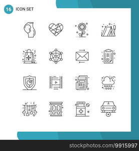 Group of 16 Outlines Signs and Symbols for bag, outdoor, favorite, c&ing, nature Editable Vector Design Elements