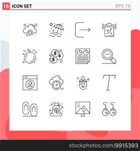 Group of 16 Outlines Signs and Symbols for budget, orange, ui, fruit, tactic Editable Vector Design Elements