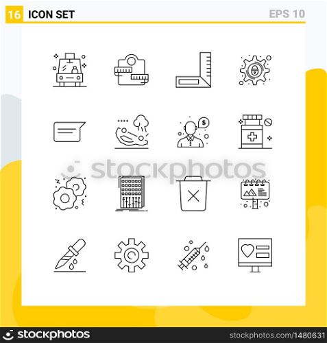 Group of 16 Outlines Signs and Symbols for chatting, chat, carpenter, setting, lock Editable Vector Design Elements