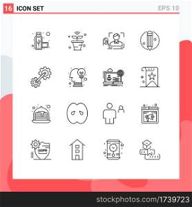 Group of 16 Outlines Signs and Symbols for cogwheel, pencil, finger, process, scanning Editable Vector Design Elements
