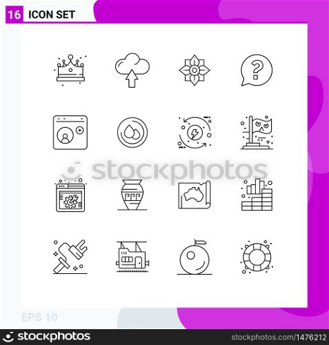 Group of 16 Outlines Signs and Symbols for contact, social, flower, question, chat Editable Vector Design Elements