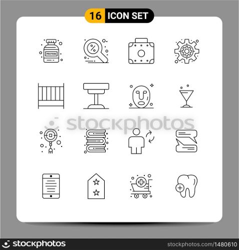 Group of 16 Outlines Signs and Symbols for decor, furniture, luggage, bedroom, settings Editable Vector Design Elements