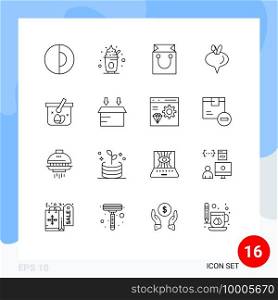 Group of 16 Outlines Signs and Symbols for egg, basket, bag, vegetable, food Editable Vector Design Elements