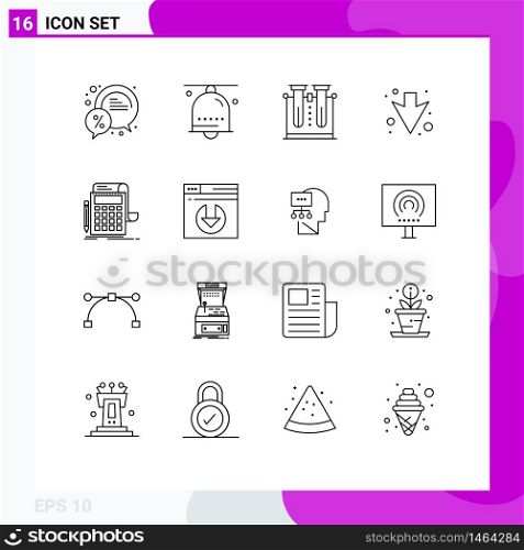 Group of 16 Outlines Signs and Symbols for full, arrow, notification, tube, science Editable Vector Design Elements