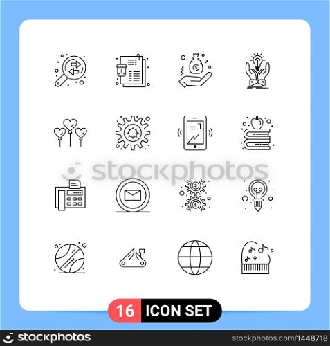 Group of 16 Outlines Signs and Symbols for hands, creative, bag, ideas, hand Editable Vector Design Elements