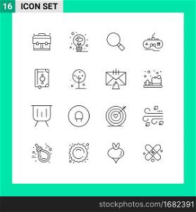 Group of 16 Outlines Signs and Symbols for islam, quran, look, gamepad, wireless Editable Vector Design Elements