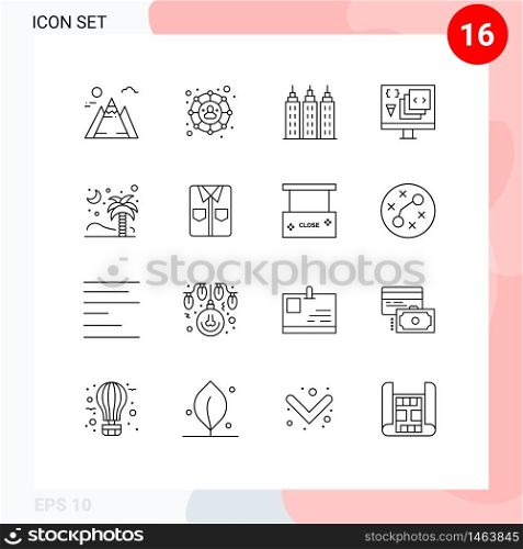 Group of 16 Outlines Signs and Symbols for islamic, tree, tower, palm, development Editable Vector Design Elements