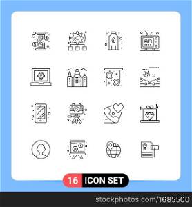 Group of 16 Outlines Signs and Symbols for laptop, promotion, bottle, multimedia, marketing Editable Vector Design Elements