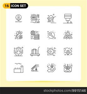Group of 16 Outlines Signs and Symbols for mechanic, wheelbarrow, search engine, truck, garden Editable Vector Design Elements