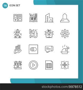 Group of 16 Outlines Signs and Symbols for mosque, historical building, book, building, modern Editable Vector Design Elements