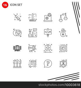 Group of 16 Outlines Signs and Symbols for multimedia, dvd, laptop, cd, justice Editable Vector Design Elements