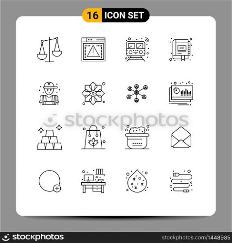 Group of 16 Outlines Signs and Symbols for notebook, management, internet, digital, transport Editable Vector Design Elements