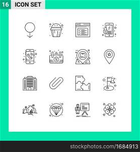 Group of 16 Outlines Signs and Symbols for phone, call, page, security, lock Editable Vector Design Elements