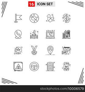 Group of 16 Outlines Signs and Symbols for phone, heart, gym, love, care Editable Vector Design Elements