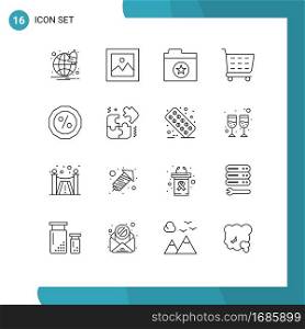 Group of 16 Outlines Signs and Symbols for puzzle, percent, folder, money, shopping cart Editable Vector Design Elements