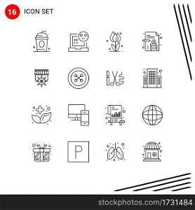 Group of 16 Outlines Signs and Symbols for shopping, business report, flora, business paper, rose Editable Vector Design Elements