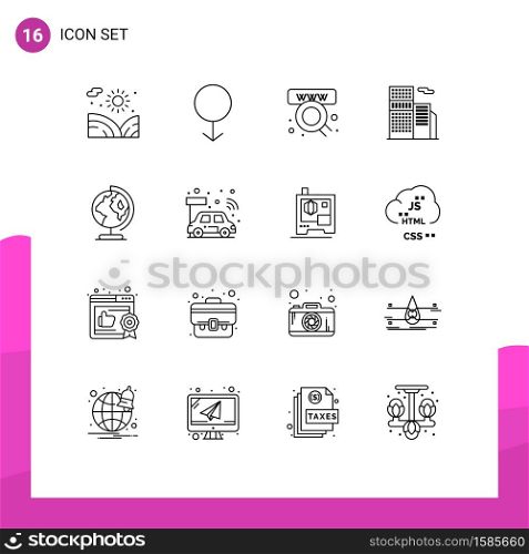 Group of 16 Outlines Signs and Symbols for worldwide, earth, online, office, estate Editable Vector Design Elements