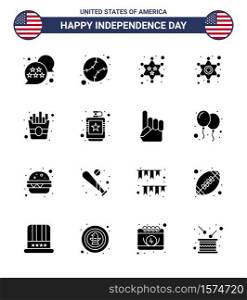Group of 16 Solid Glyphs Set for Independence day of United States of America such as food; police sign; badge; star; men Editable USA Day Vector Design Elements