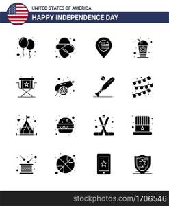 Group of 16 Solid Glyphs Set for Independence day of United States of America such as movies; chair; location; soda; cola Editable USA Day Vector Design Elements