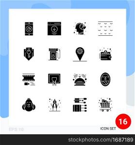 Group of 16 Solid Glyphs Signs and Symbols for access, water, user, sea, human Editable Vector Design Elements