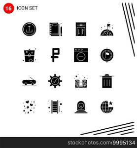 Group of 16 Solid Glyphs Signs and Symbols for alcohol, world, stationery, globe, travel Editable Vector Design Elements