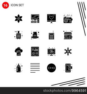 Group of 16 Solid Glyphs Signs and Symbols for baggage, technology, finance, device, radio Editable Vector Design Elements