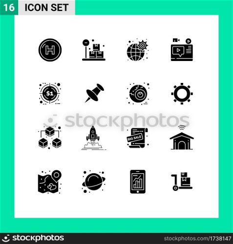 Group of 16 Solid Glyphs Signs and Symbols for discount, youtube, gear, blog, video Editable Vector Design Elements