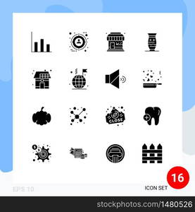 Group of 16 Solid Glyphs Signs and Symbols for eco, indian, market store, india, culture Editable Vector Design Elements