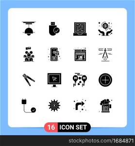 Group of 16 Solid Glyphs Signs and Symbols for group, pay, hardware, hands, design Editable Vector Design Elements