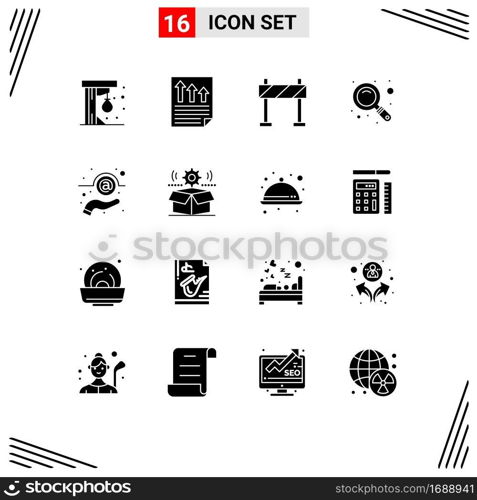 Group of 16 Solid Glyphs Signs and Symbols for hand, email, report, zoom, magnifier Editable Vector Design Elements