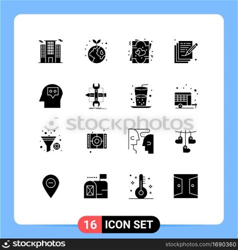 Group of 16 Solid Glyphs Signs and Symbols for idea, write, invite, arts, poetry Editable Vector Design Elements
